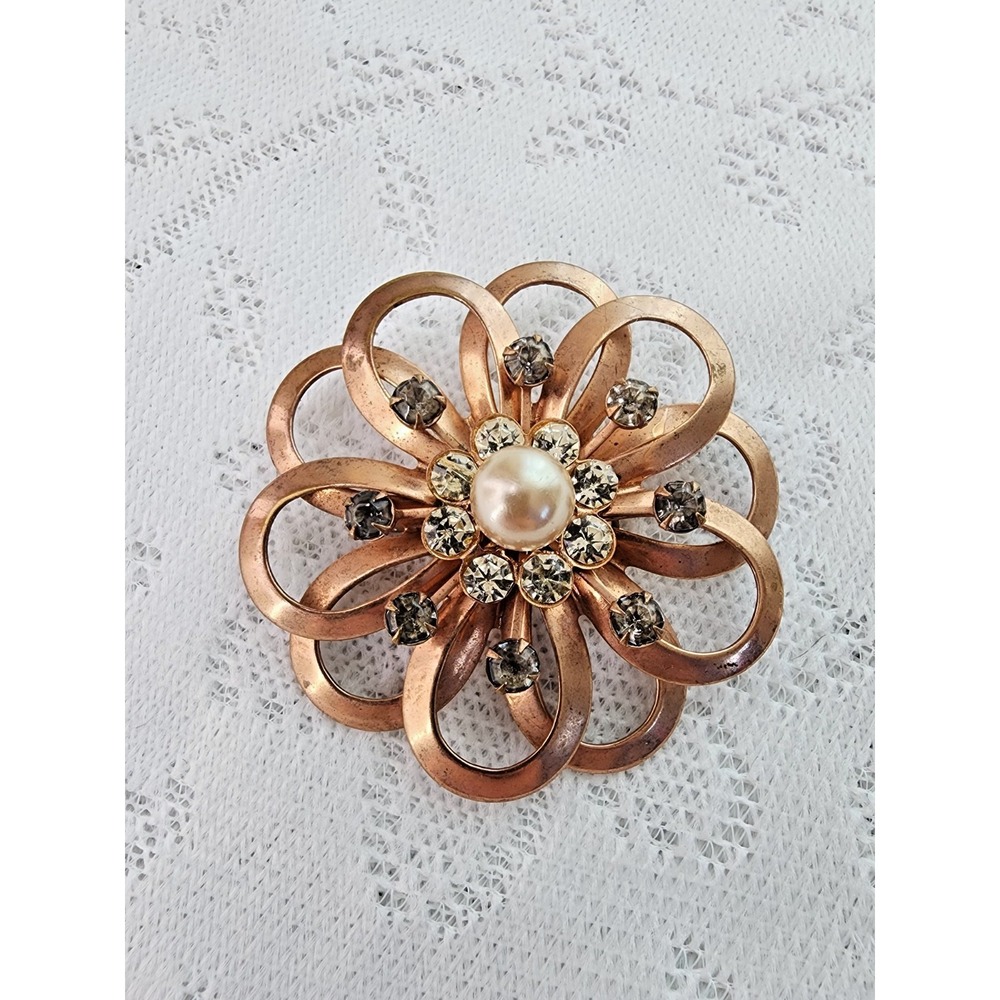 Vintage Mid Century Flower Brooch Smoky Glass Rhinestone Pearl Art Deco Mod